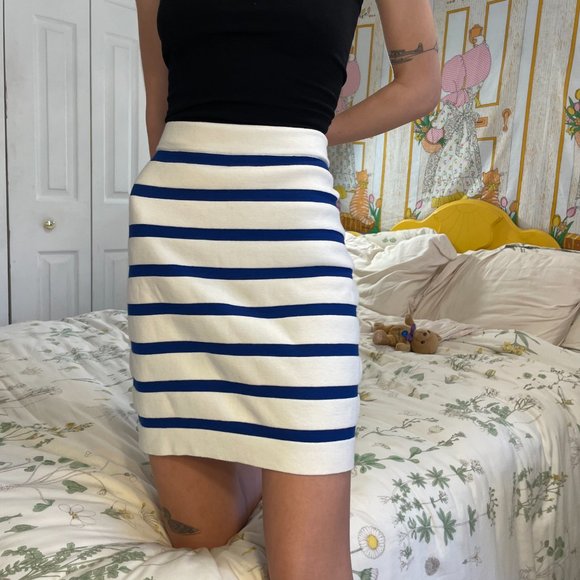Y2K 90s striped white and blue knitted stretchy pencil skirt! - Picture 1 of 11